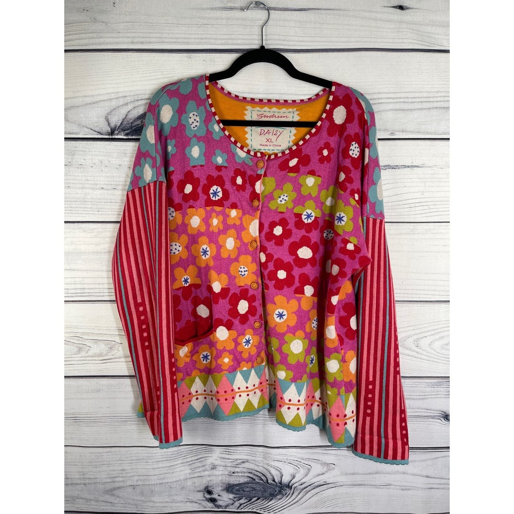 Gudrun Sjödén Daisy Mutlicolor Round Neck Womens Cotton Cardigan Size XL
